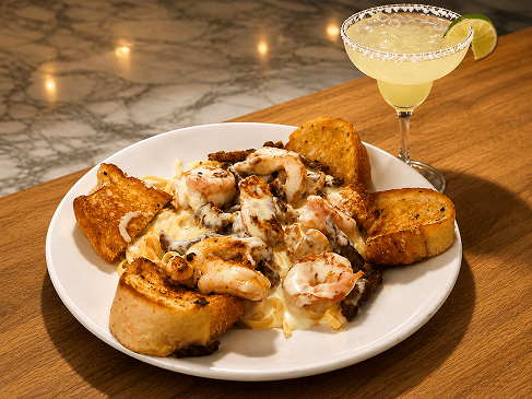 La Vida pasta — steak, chicken and shrimp over fettuccini in Alfredo sauce, served with garlic toast